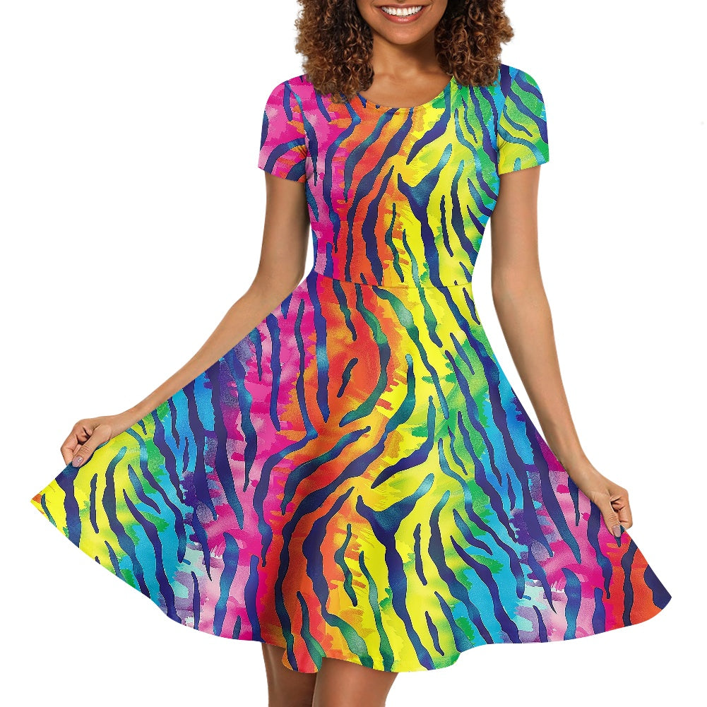Rainbow Animal Print Women Scoop Neck Short Sleeve Ruffle Dress