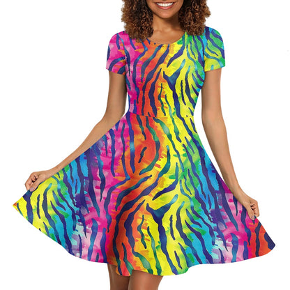Rainbow Animal Print Women Scoop Neck Short Sleeve Ruffle Dress