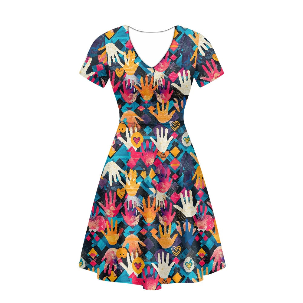 Women V-Neck Short Sleeve Ruffle Dress white