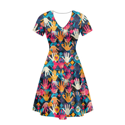 Women V-Neck Short Sleeve Ruffle Dress white