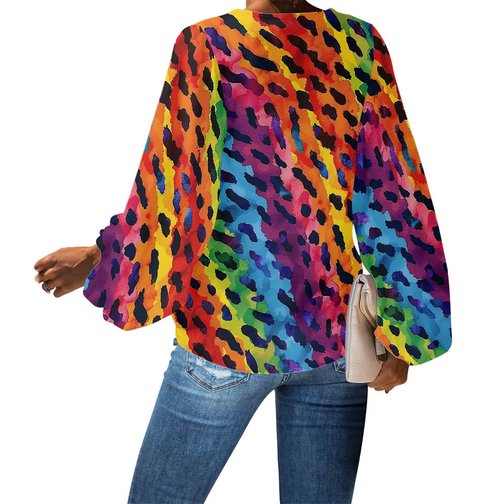 V-Neck Chiffon Puff Sleeve Blouse by Luxtrini