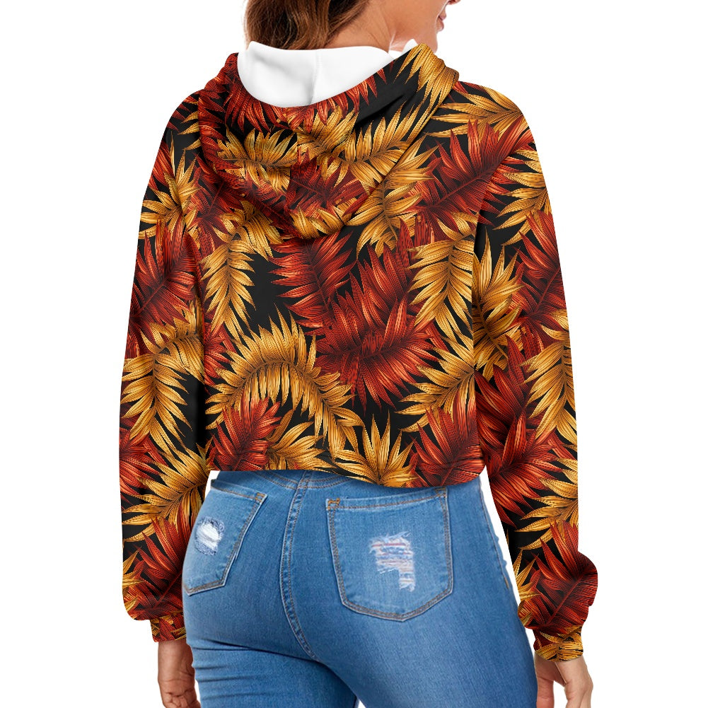 Women's midriff-baring sweatshirt - Red & Gold Tropical
