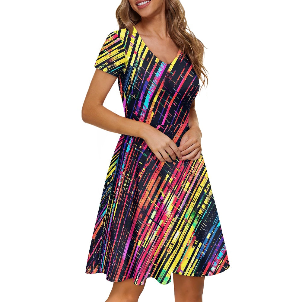 Women V-Neck Short Sleeve Ruffle Dress