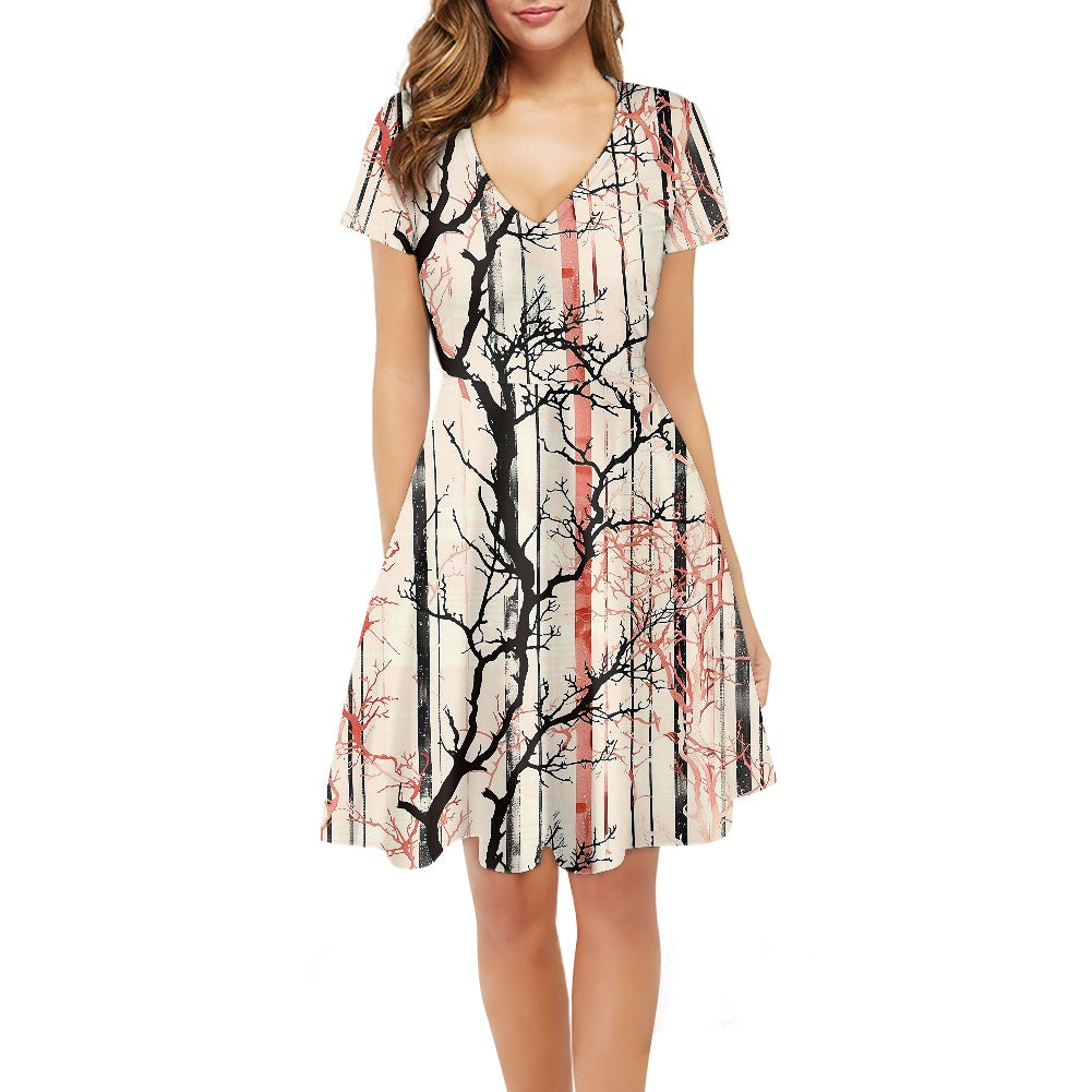 Women V-Neck Short Sleeve Ruffle Dress