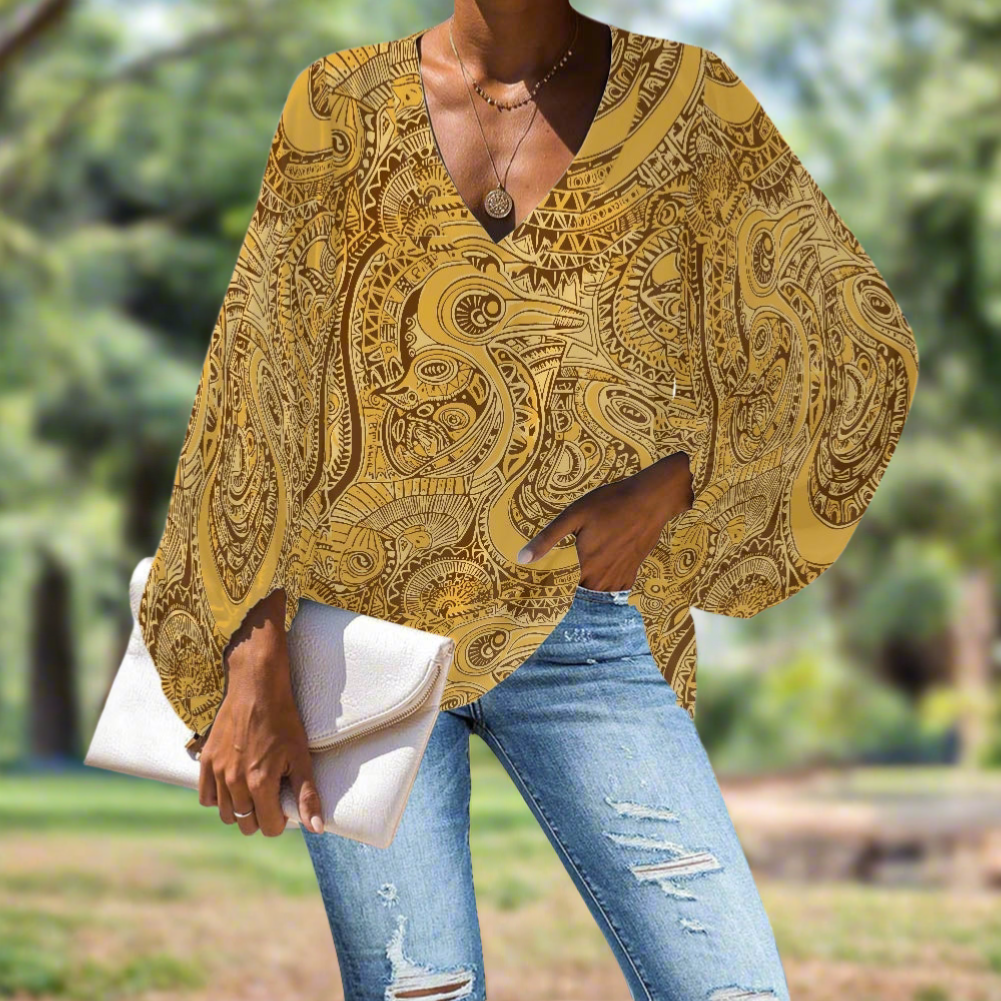 Golden African Ethnic V-Neck Chiffon Puff Sleeve Blouse by Luxtrini