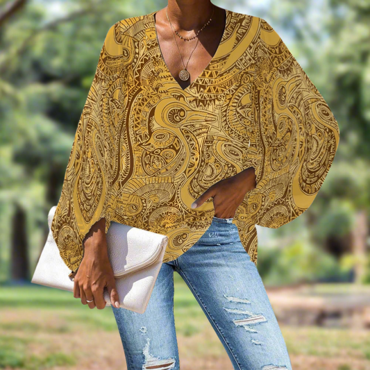 Golden African Ethnic V-Neck Chiffon Puff Sleeve Blouse by Luxtrini