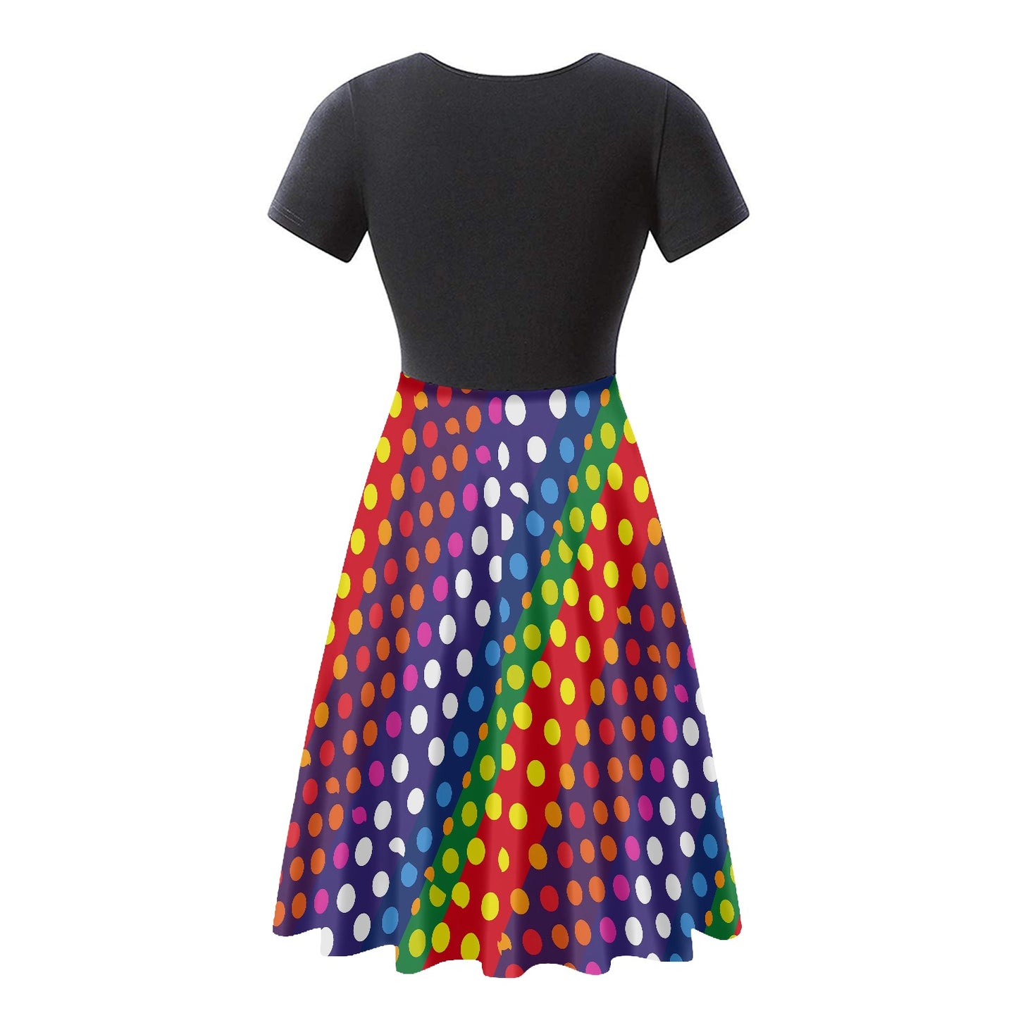 LGBTQ-Friendly Rainbow Polka Dot V-Neck Black Top Women short Sleeve Ruffle Dress by Luxtrini