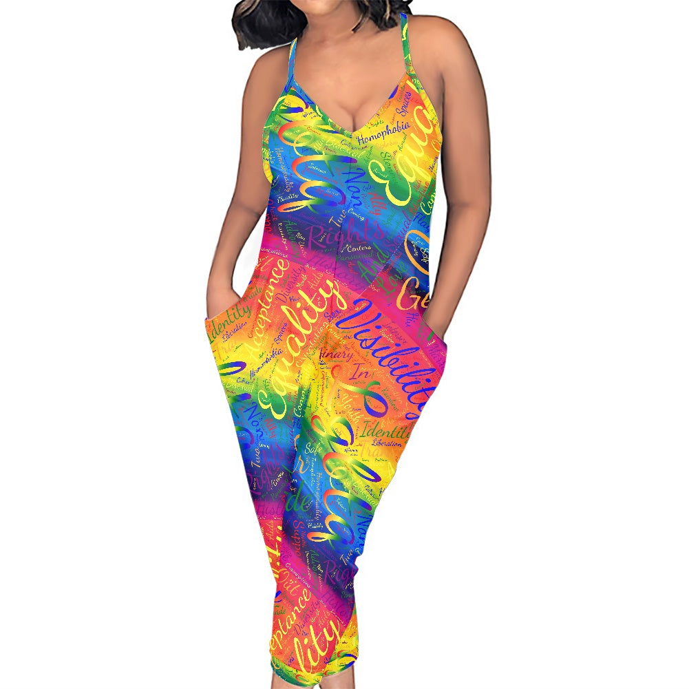 LGBTQ Rainbow Word Cloud Rompers - Exclusive One-of-a-Kind Luxury Romper - Limited Edition, Ethically Made, and Stylishly Comfortable white
