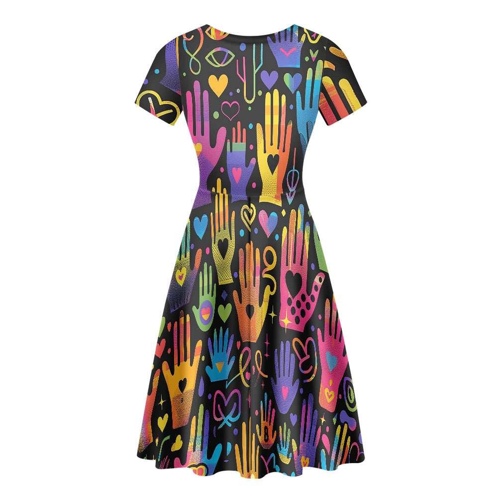 Women Scoop Neck Short Sleeve Ruffle Dress