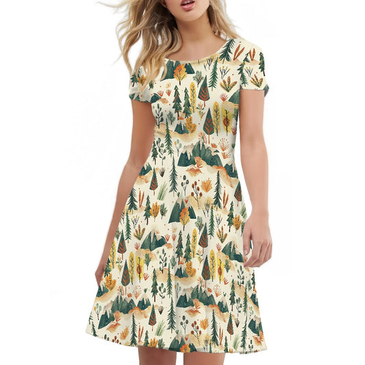 Women Scoop Neck Short Sleeve Ruffle Dress