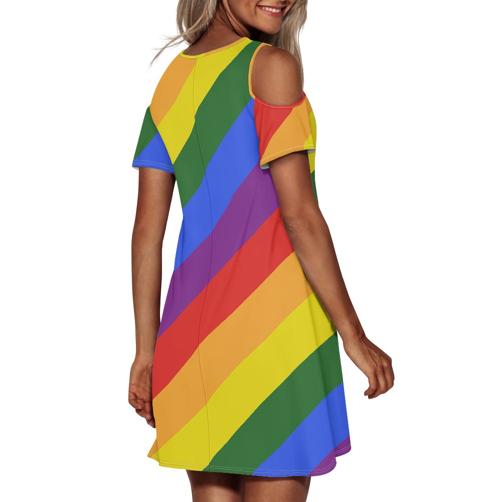 Rainbow Cold shoulder dress with a round neckline