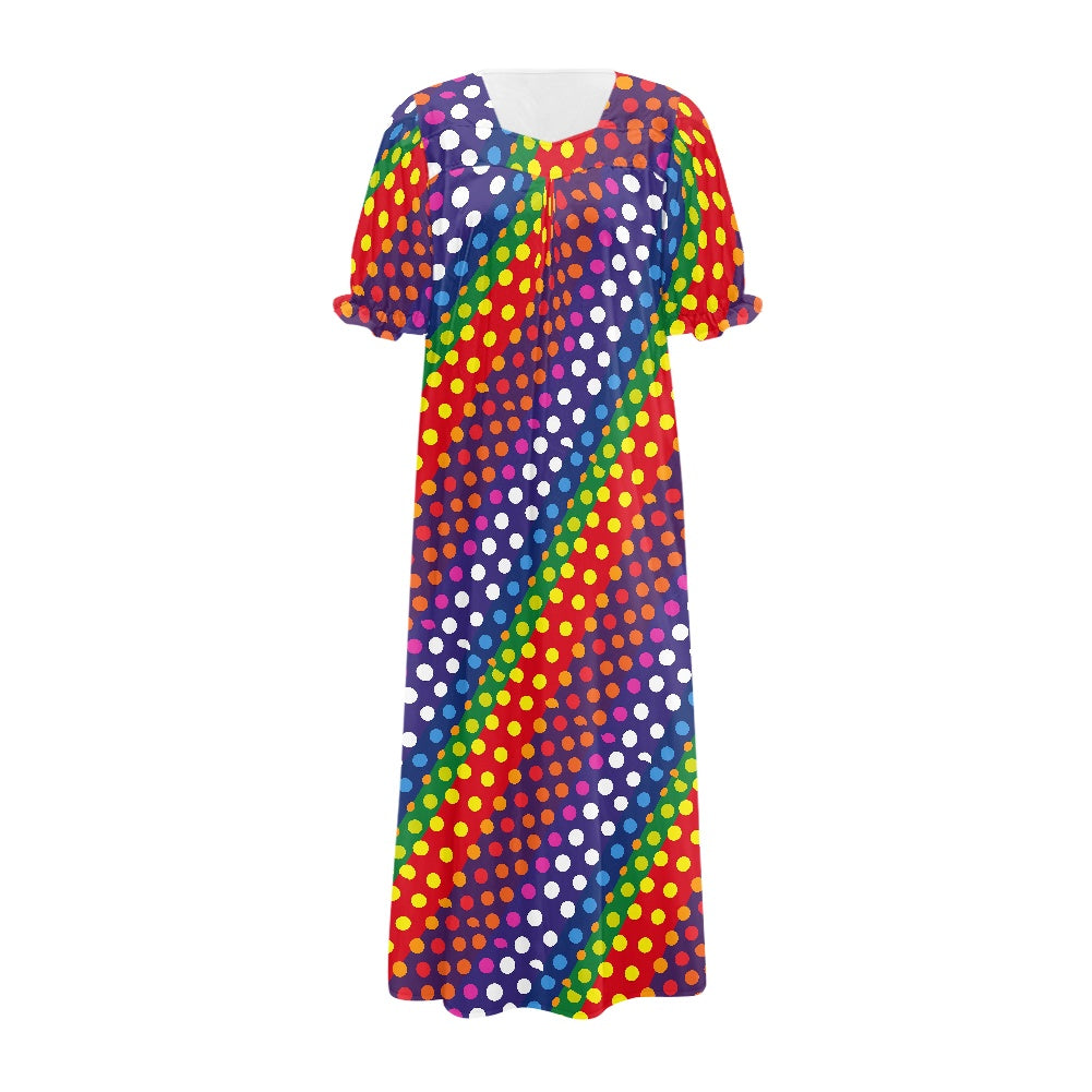 LGBTQ-Friendly Rainbow Polka Dot 
Elegant Loose-Fit Maxi Dress with Half Puff Sleeves, Button-Down Front, and Gathered Yoke – Perfect for Summer by Luxtrini