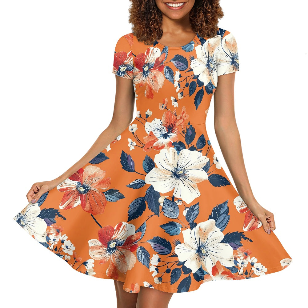 Women Scoop Neck Short Sleeve Ruffle Dress