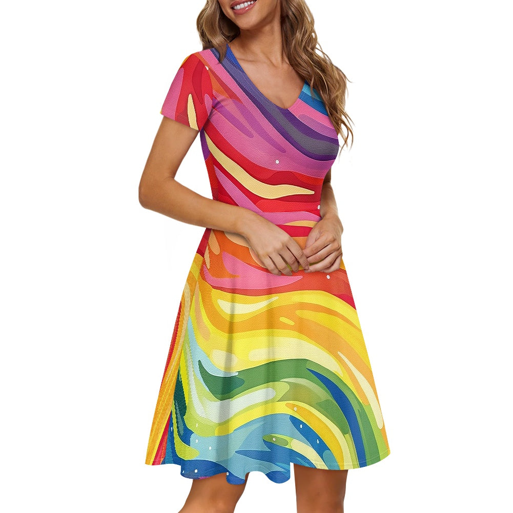 Rainbow Women V-Neck Short Sleeve Ruffle Dress