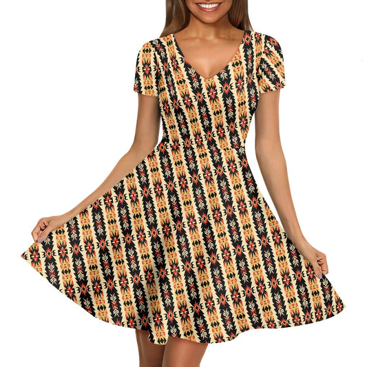 Luxtrini Navajo-Inspired V-Neck Ruffle Dress | Cultural Motif, Elegant Office and Casual Wear | Timeless Luxury Fashion