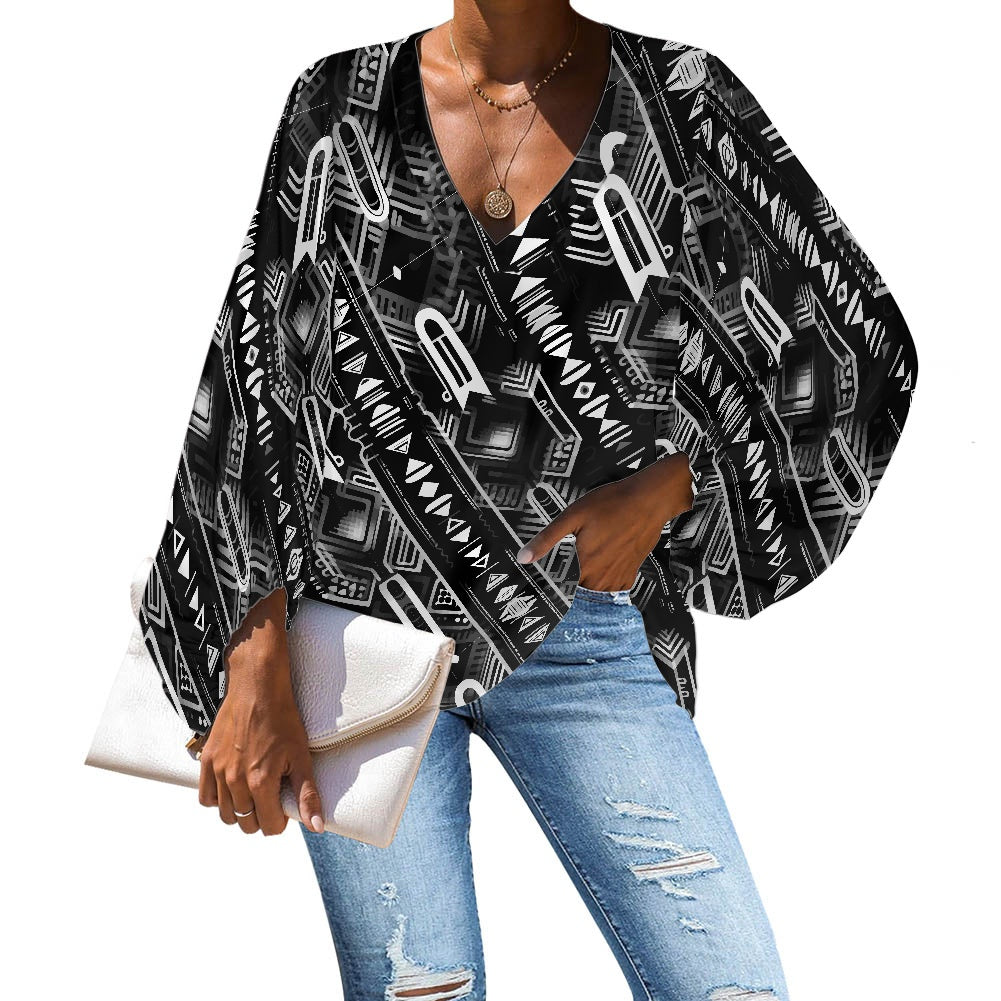 Ethnic African Kente pattern V-Neck Chiffon Puff Sleeve Blouse by Luxtrini 4XL