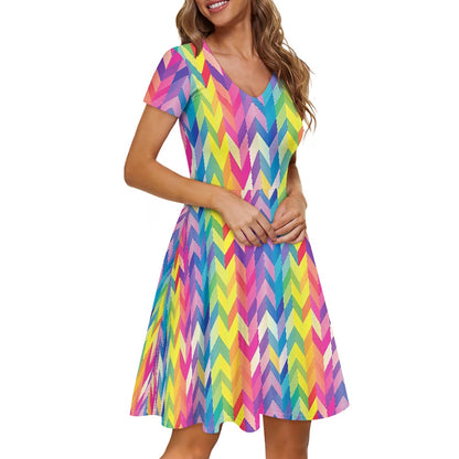 Women V-Neck Short Sleeve Ruffle Dress