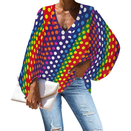 LGBTQ-Friendly Rainbow Polka Dot V-Neck Puff Sleeve Chiffon Top by Luxtrini