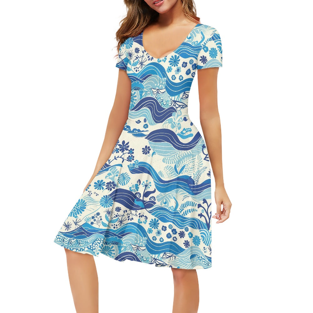 Blue Ocean Women V-Neck Short Sleeve Ruffle Dress