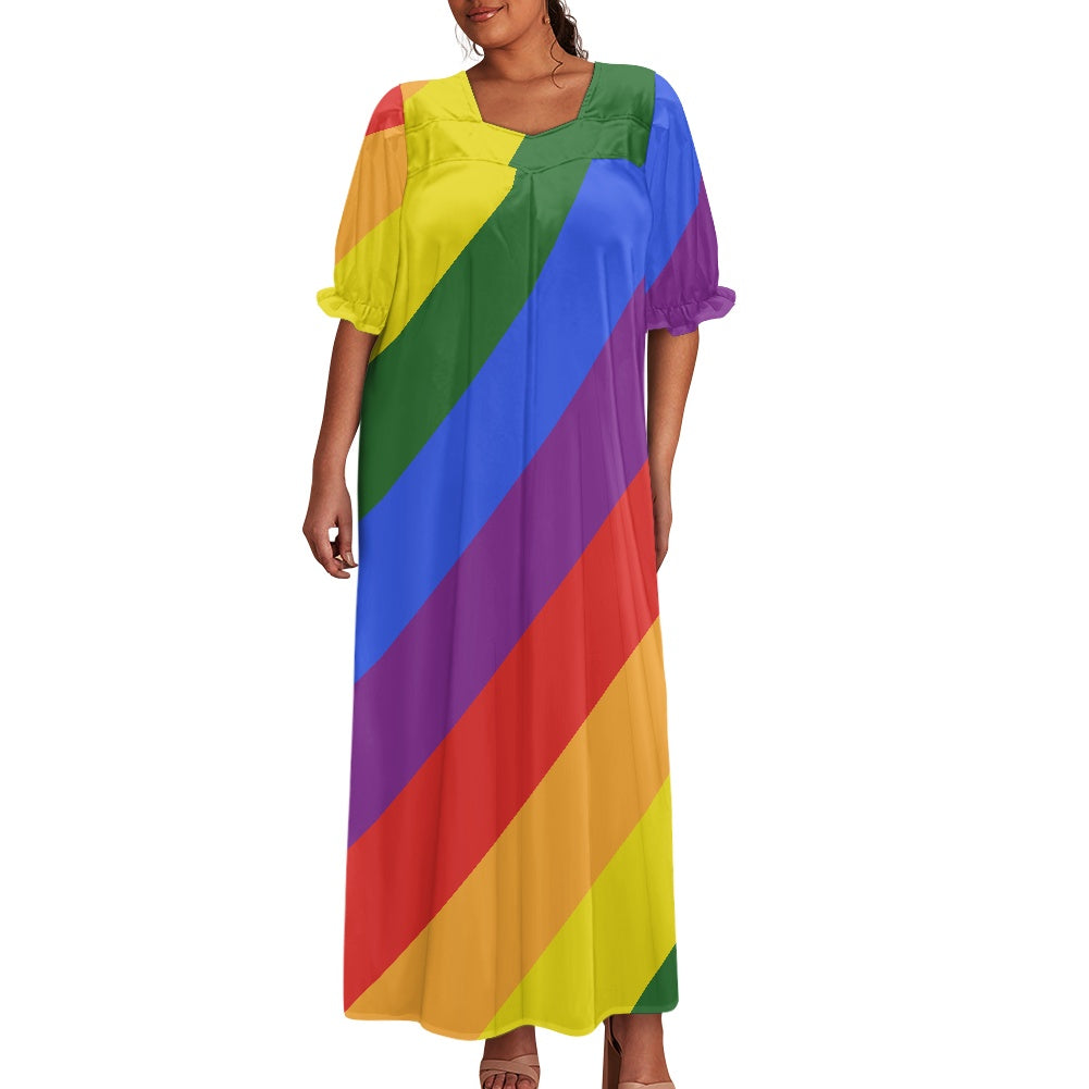 Rainbow Puff Sleeve Dress - Soft Polyester, Unique Collarbone-Flattering Design, Perfect for Multiple Occasions