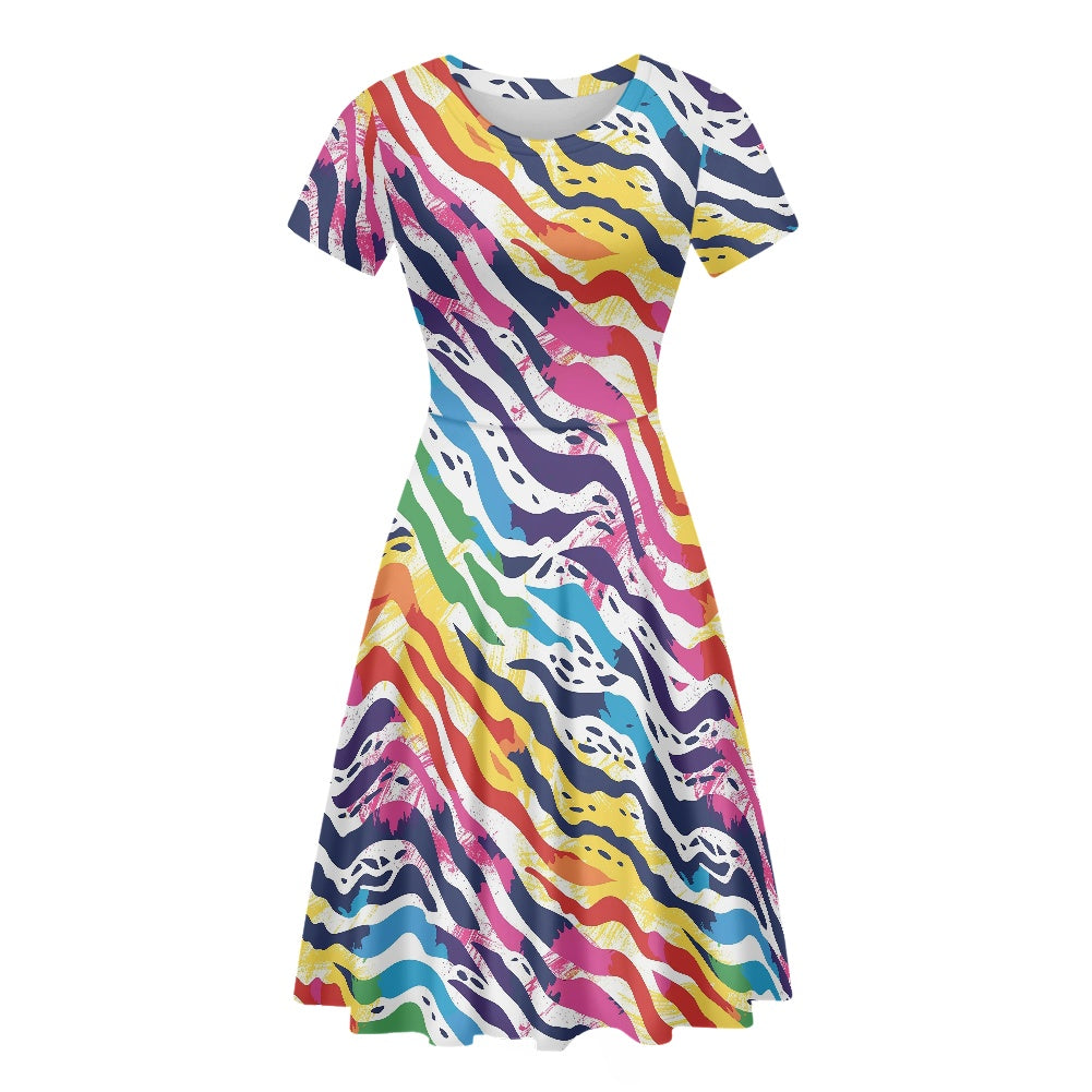 Rainbow Animal Print Women Scoop Neck Short Sleeve Ruffle Dress