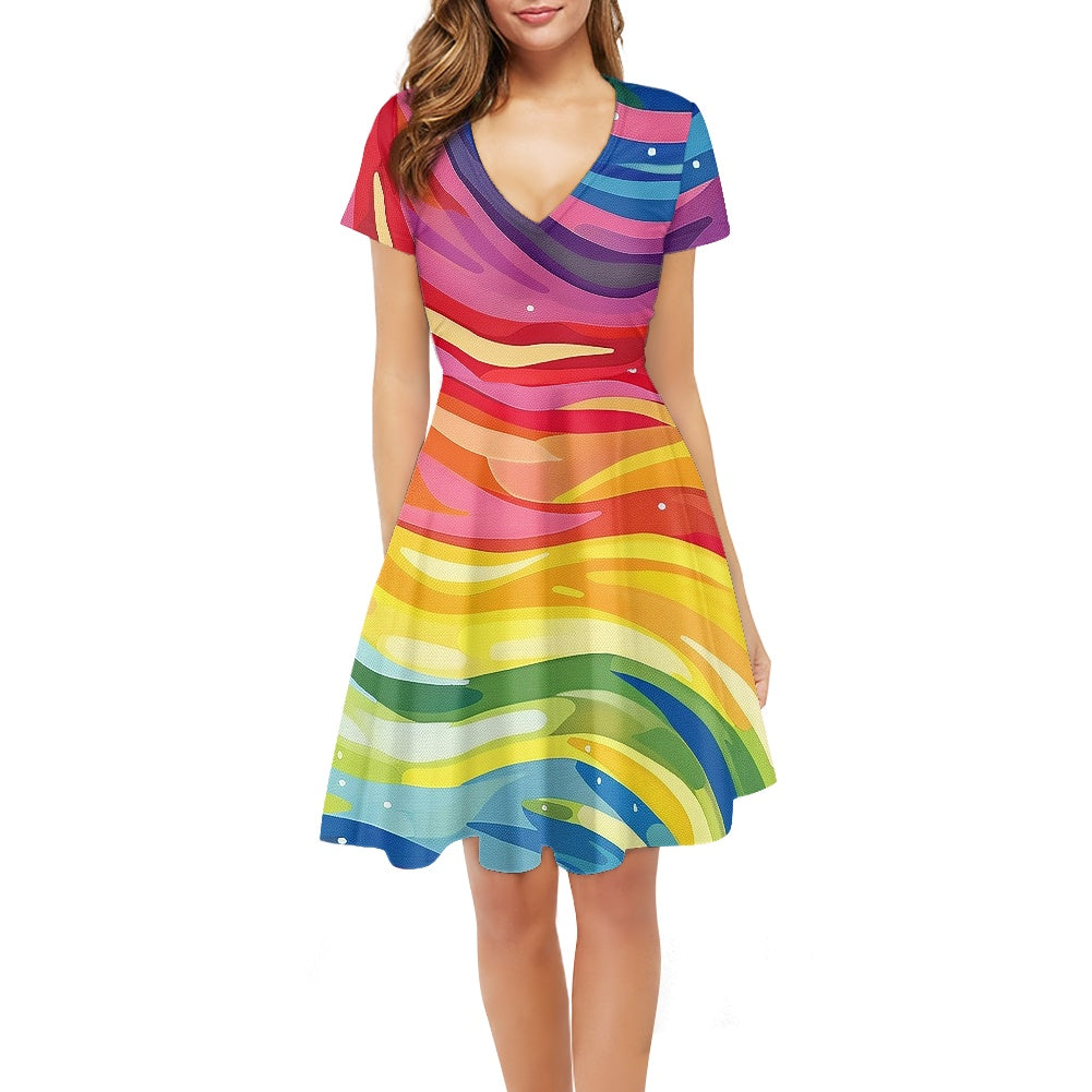 Rainbow Women V-Neck Short Sleeve Ruffle Dress