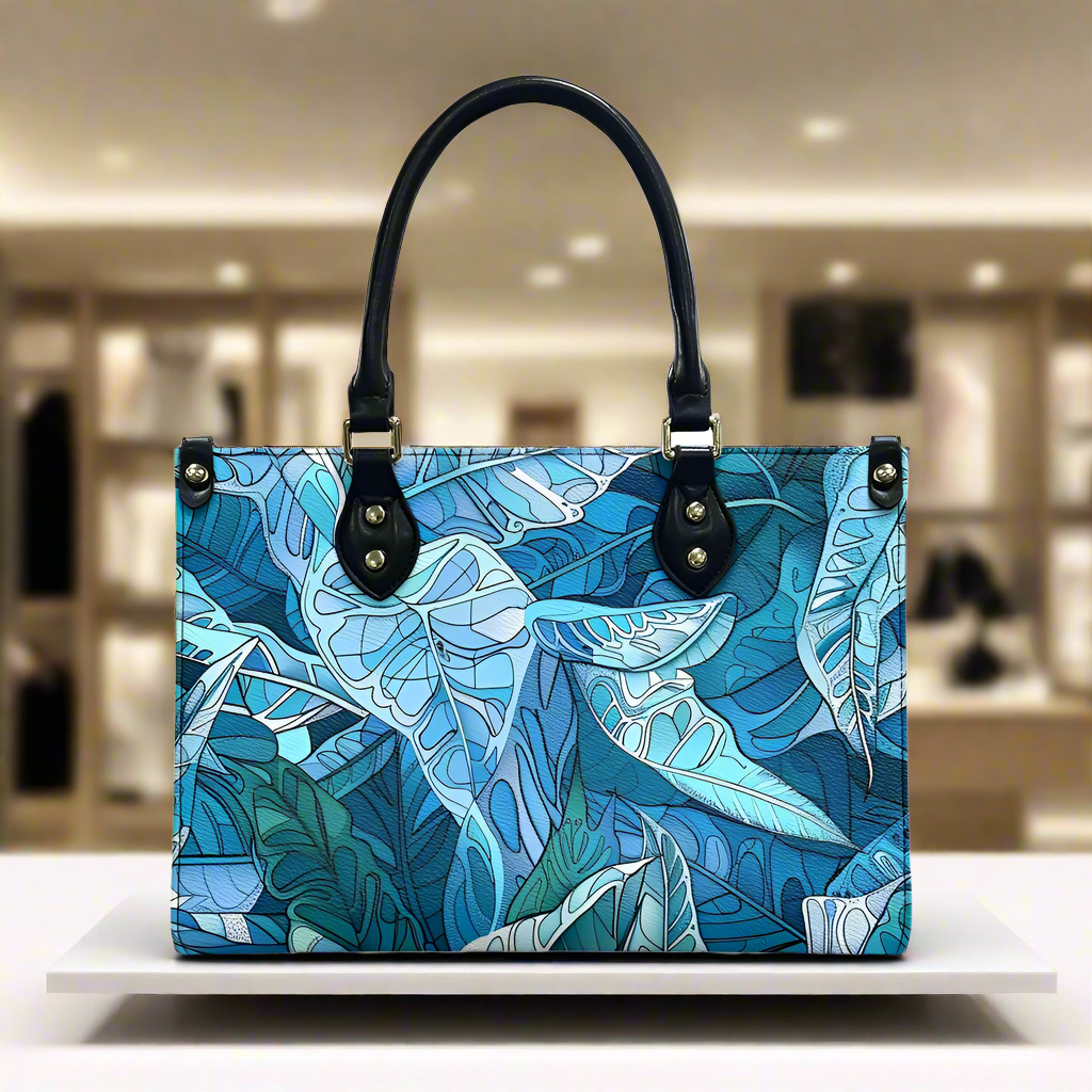 Ocean Leaf Designer  - Versatile Women's PU Leather Twill Handbag in Tropical Blues