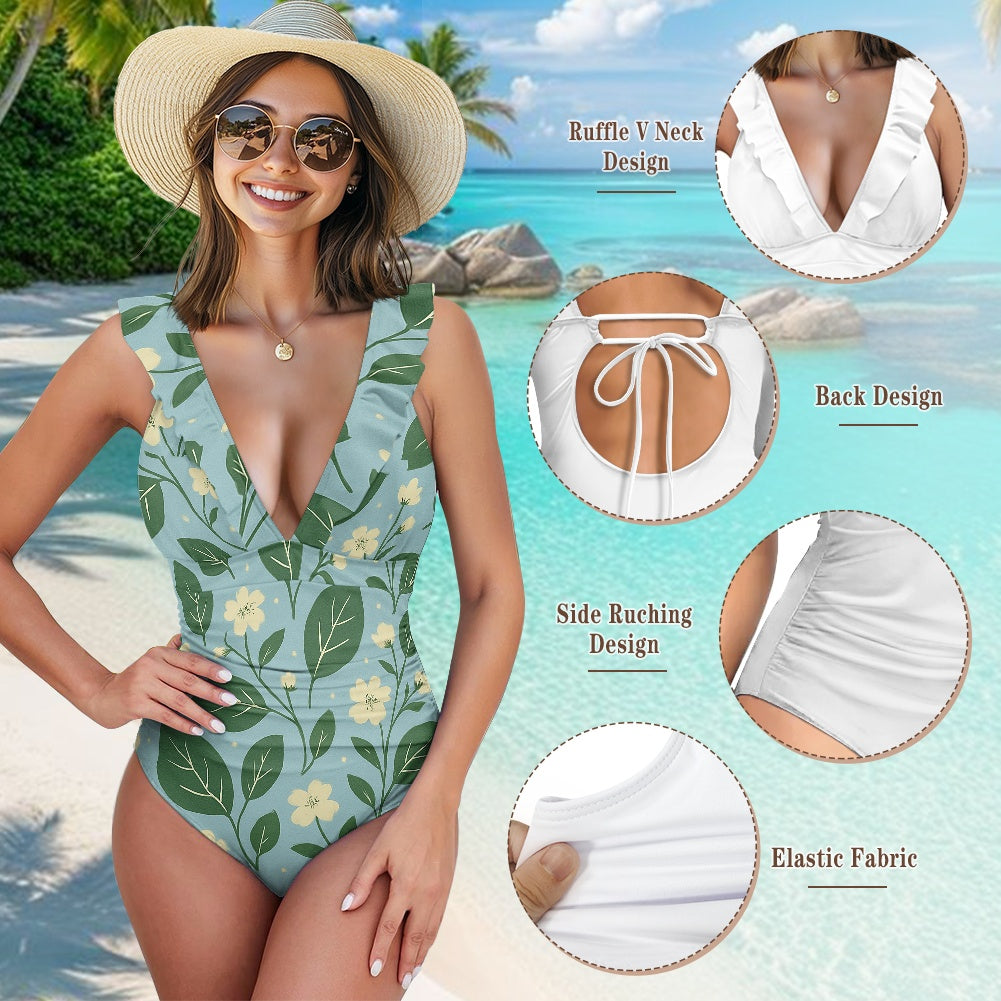 Vintage Garden Bloom One-Piece Swimsuit – Eco Ruffled Plunge Bathing Suit with Lace-Up Back