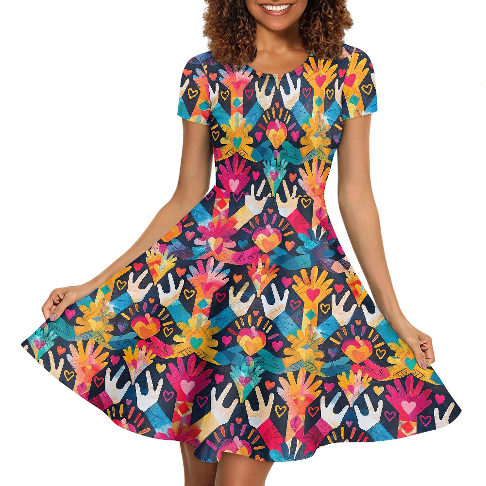 Women Scoop Neck Short Sleeve Ruffle Dress