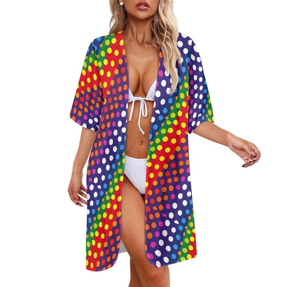 LGBTQ-Friendly Rainbow Polka Dot Versatile Three-Quarter Sleeve Kimono Cover-Up for Beach or Casual Wear by Luxtrini