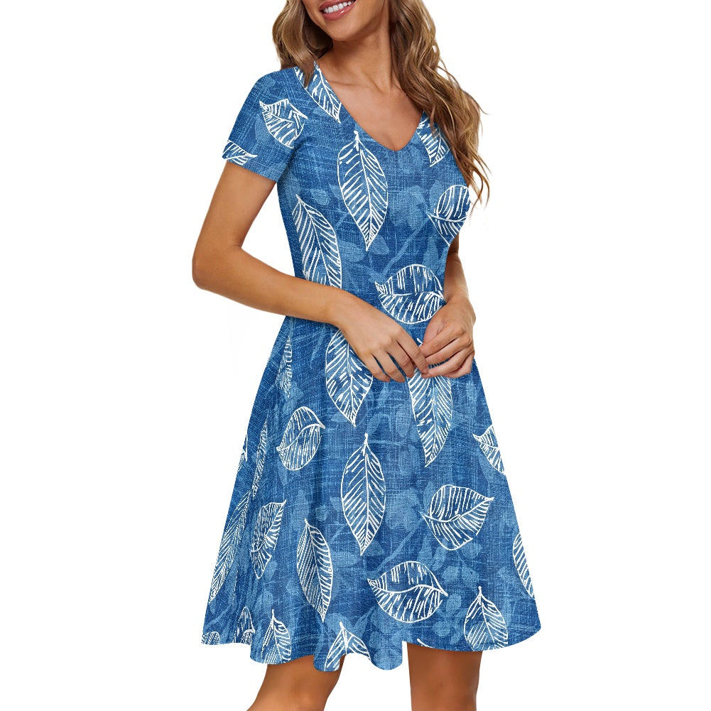 Blue Leaves Women V-Neck Short Sleeve Ruffle Dress