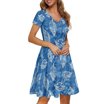 Blue Leaves Women V-Neck Short Sleeve Ruffle Dress