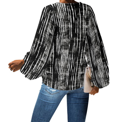 Black and White Mudcloth V-Neck Chiffon Puff Sleeve Blouse by Luxtrini