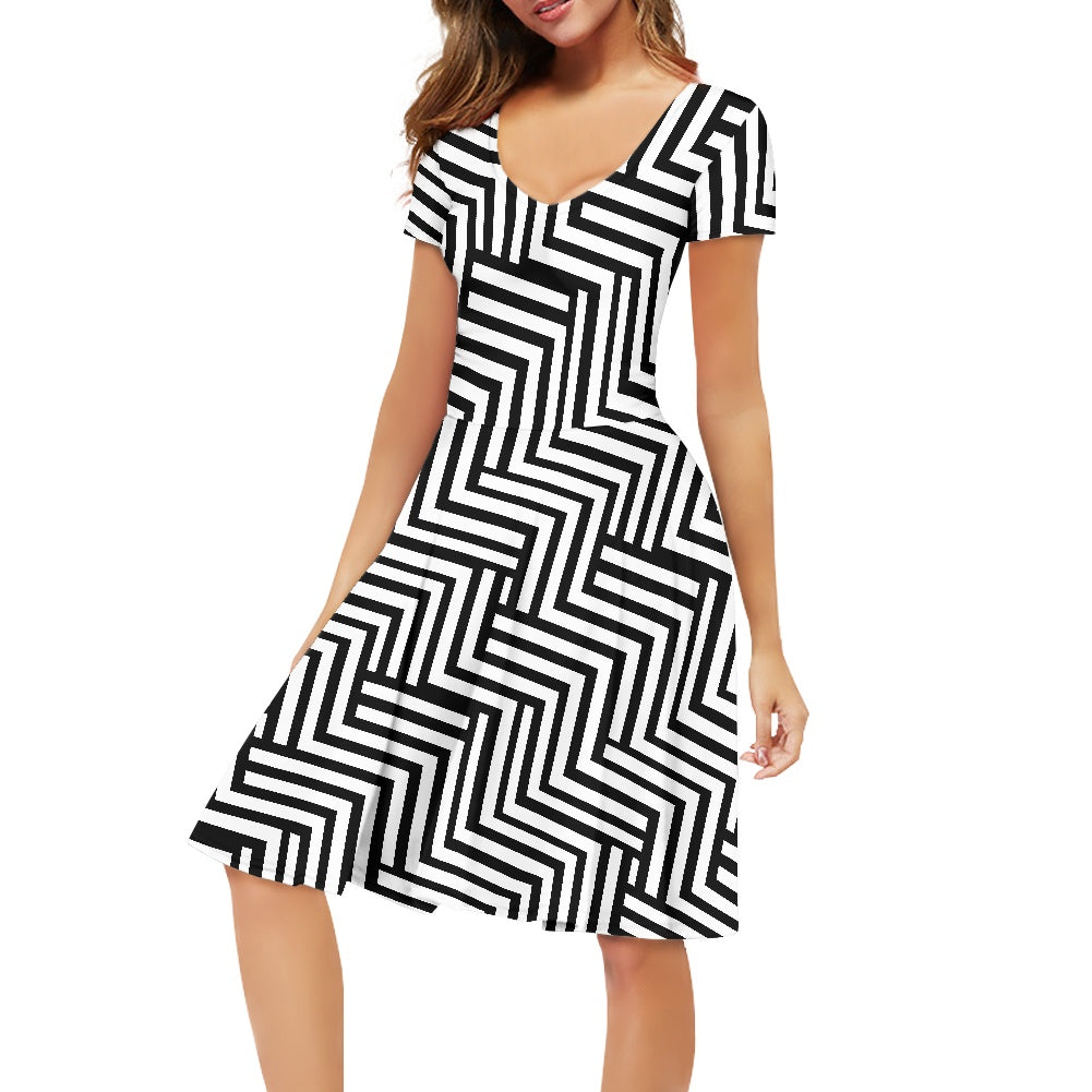 Black and White Chevrons Women V-Neck Short Sleeve Ruffle Dress