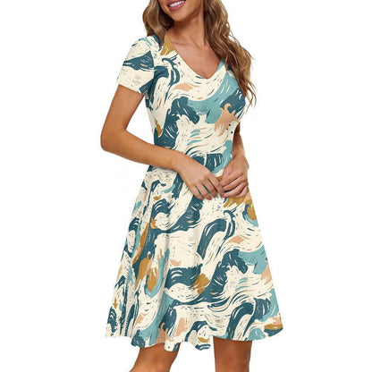 Abstract Waves Women V-Neck Short Sleeve Ruffle Dress