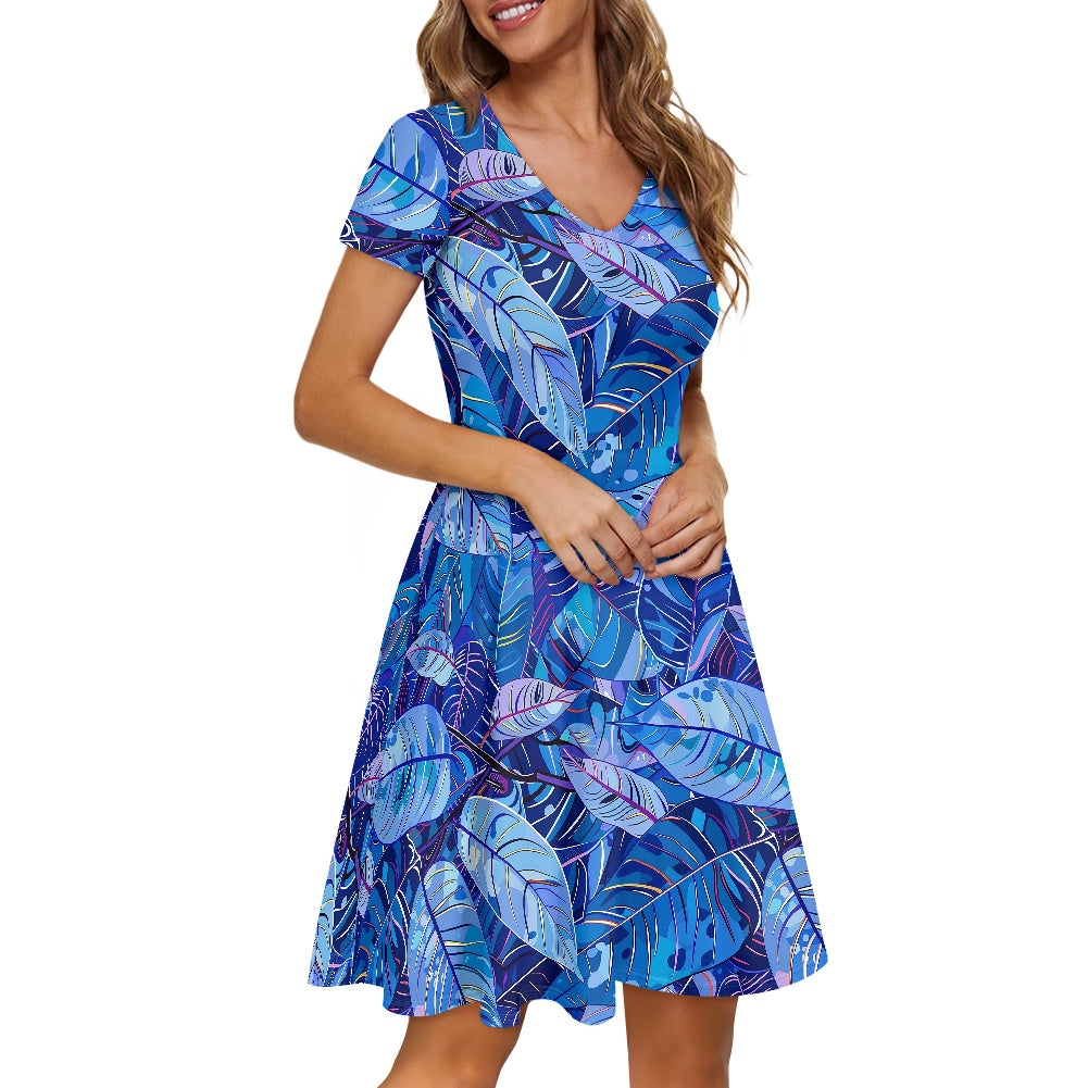 Women V-Neck Short Sleeve Ruffle Dress