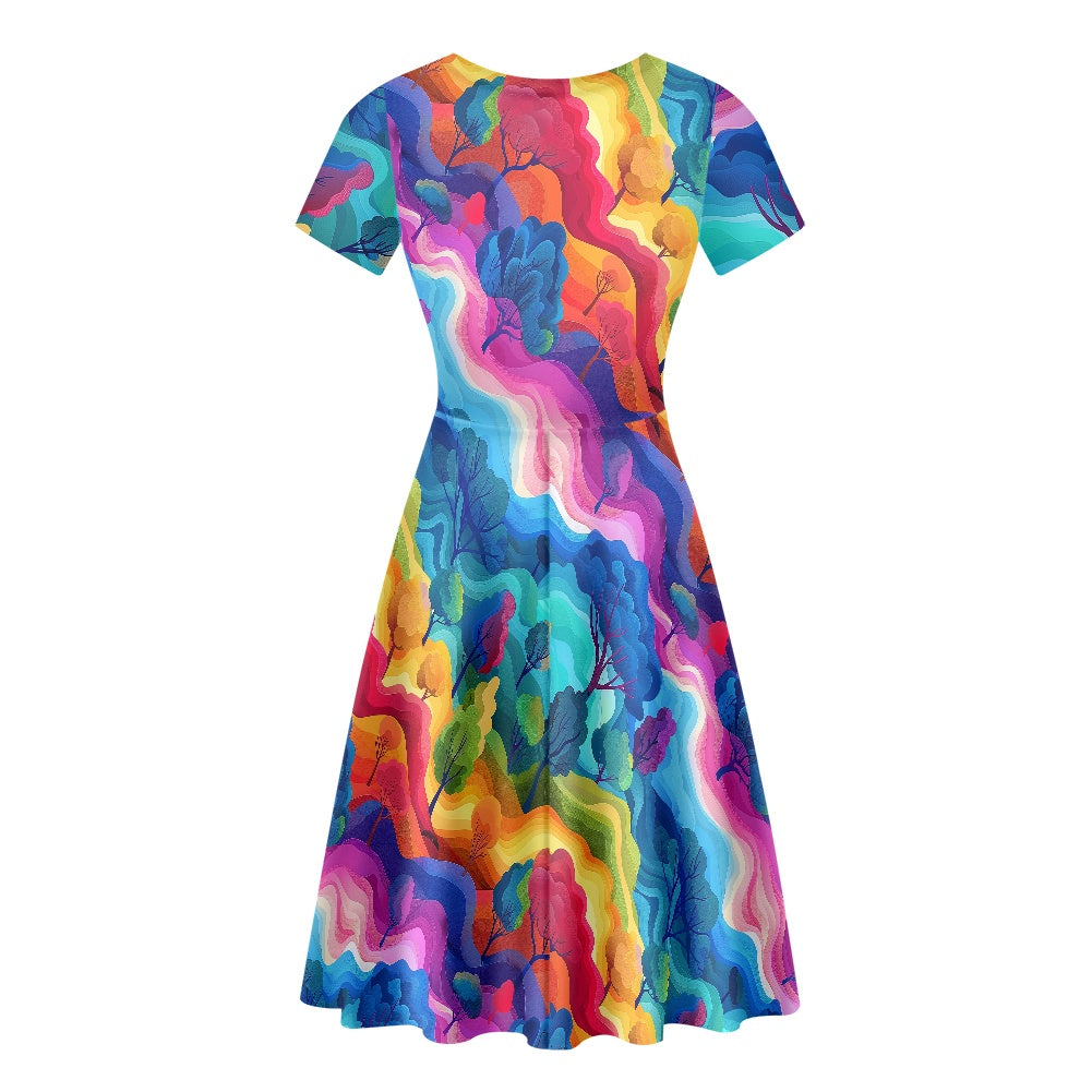 Women Scoop Neck Short Sleeve Ruffle Dress