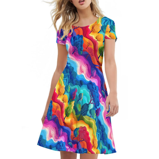 Women Scoop Neck Short Sleeve Ruffle Dress