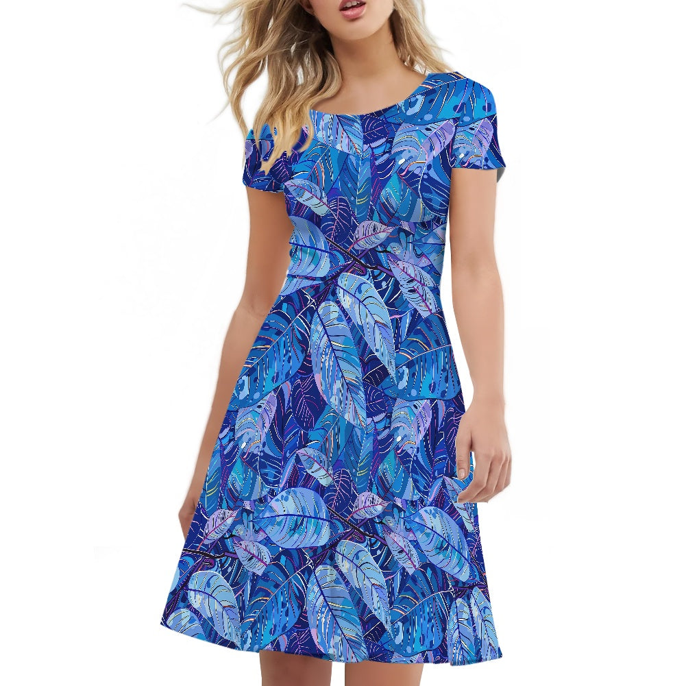 Vibrant, Blue, Tropical-print Women Scoop Neck Short Sleeve Ruffle Dress