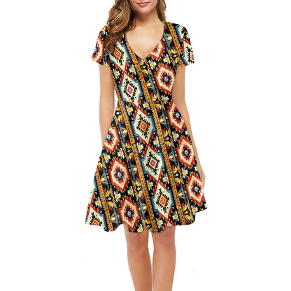 Women V-Neck Short Sleeve Ruffle Dress