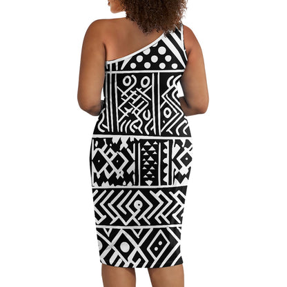 Discover Elegance: Luxtrini's One-Shoulder Slim Dress - B&W Ethnic