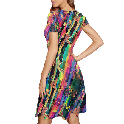 Rainbow Glitch Women Scoop Neck Short Sleeve Ruffle Dress