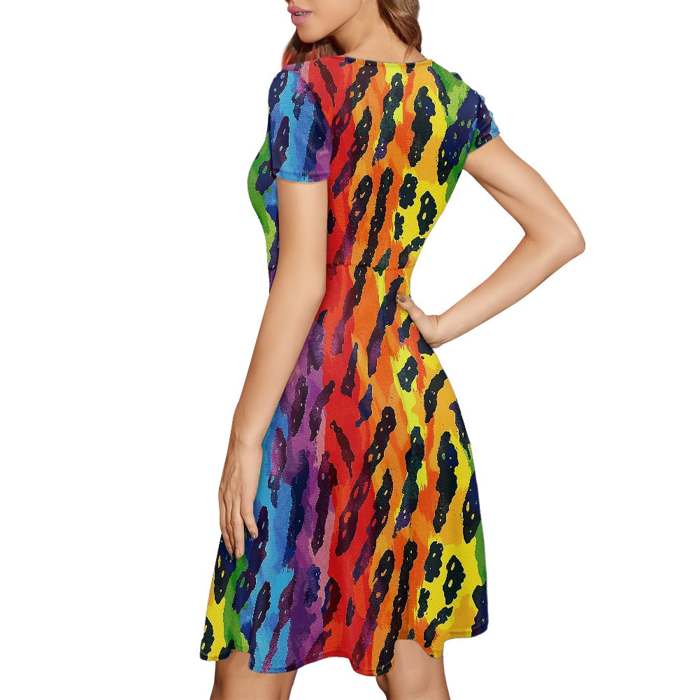 Women Scoop Neck Short Sleeve Ruffle Dress
