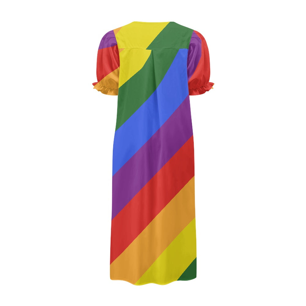 Rainbow Puff Sleeve Dress - Soft Polyester, Unique Collarbone-Flattering Design, Perfect for Multiple Occasions