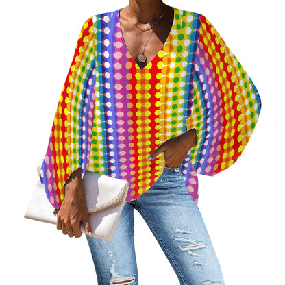 Polka Dot Rainbow Stripes V-Neck Chiffon Puff Sleeve Blouse by Luxtrini