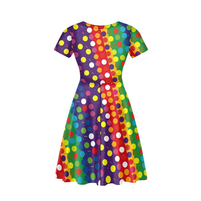 Polka Dot Rainbow Women V-Neck Short Sleeve Ruffle Dress