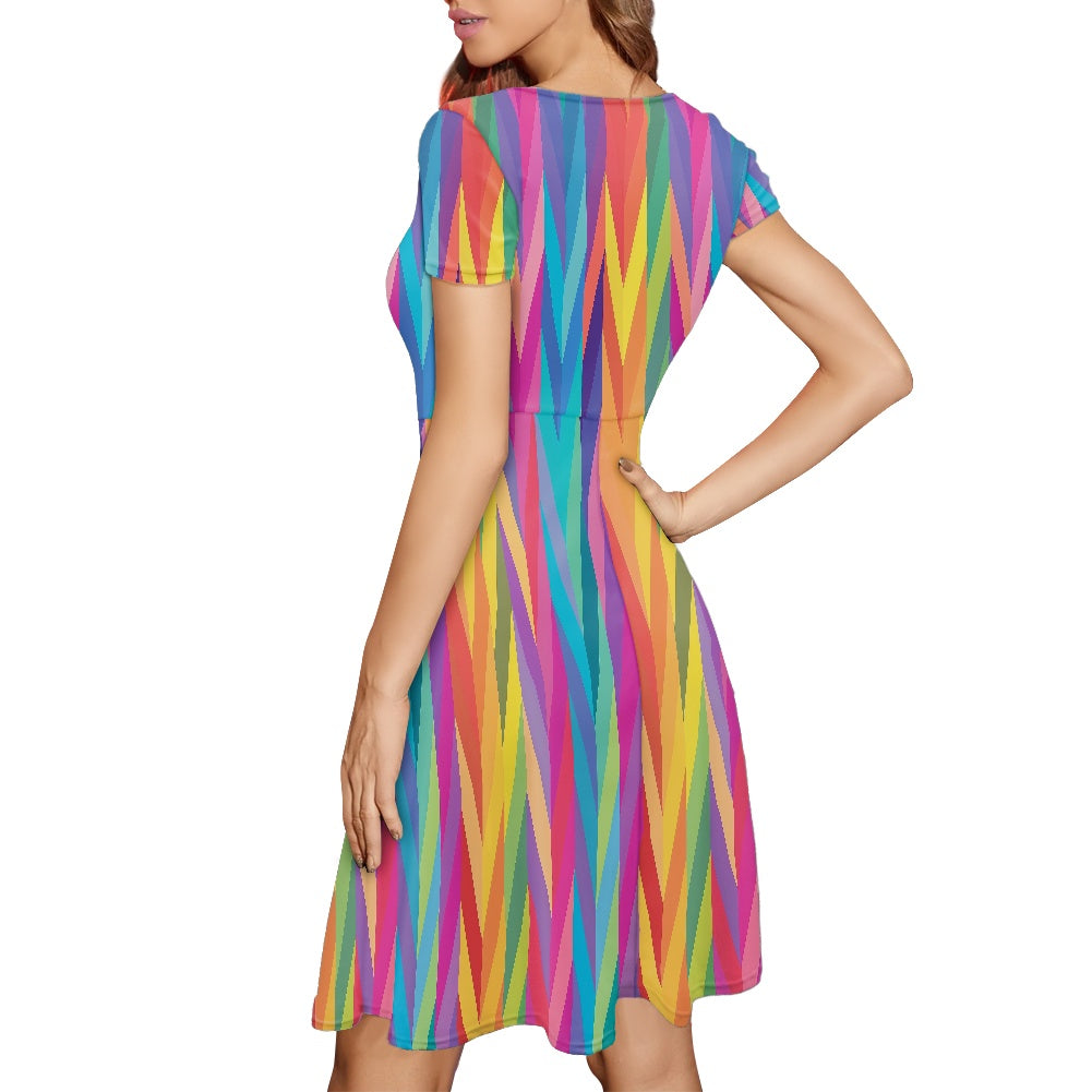 Rainbow Chevron Women Scoop Neck Short Sleeve Ruffle Dress
