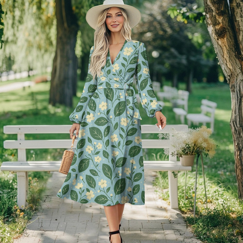 Garden Bloom Tie Waist Midi Dress – Eco-Friendly V-Neck Long Sleeve Floral Dress | Luxtrini Handmade