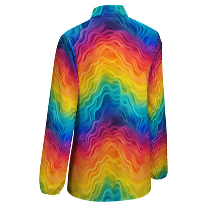 Rainbow Long Sleeve Blouse – Colorful V-Neck Button Down for Women, Pride Top, Lightweight Retro Shirt, Festival Ready