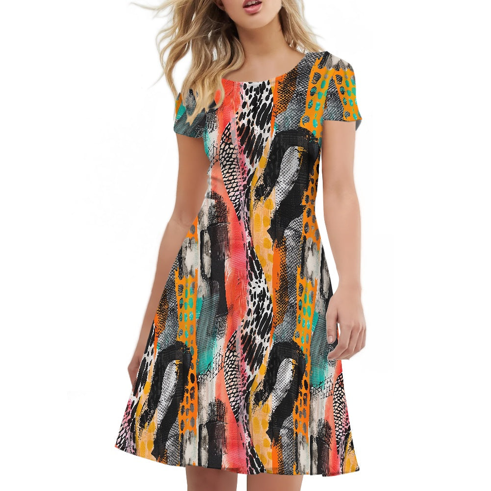 Women Scoop Neck Short Sleeve Ruffle Dress